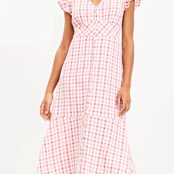 LOFT Peach Gingham Checkered Midi Dress - Picture 2 of 7
